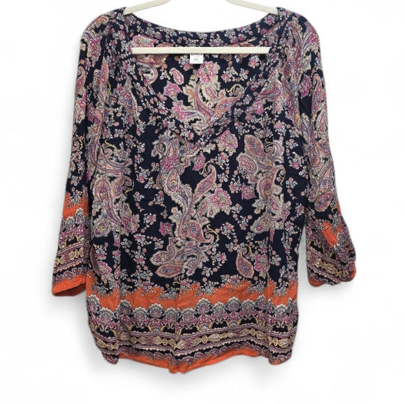 Bila Tops - Bila XXL Boho Paisley Tunic Blouse Navy Orange 3/4 Sleeve Plus Size Flowy Hippie